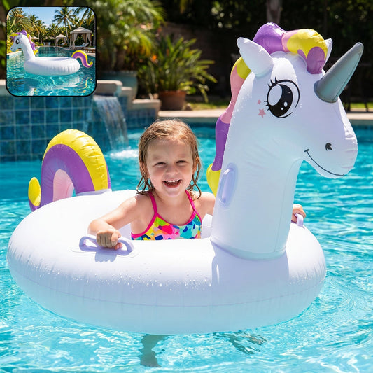 kids inflatable unicorn swim ring pool float safety handles